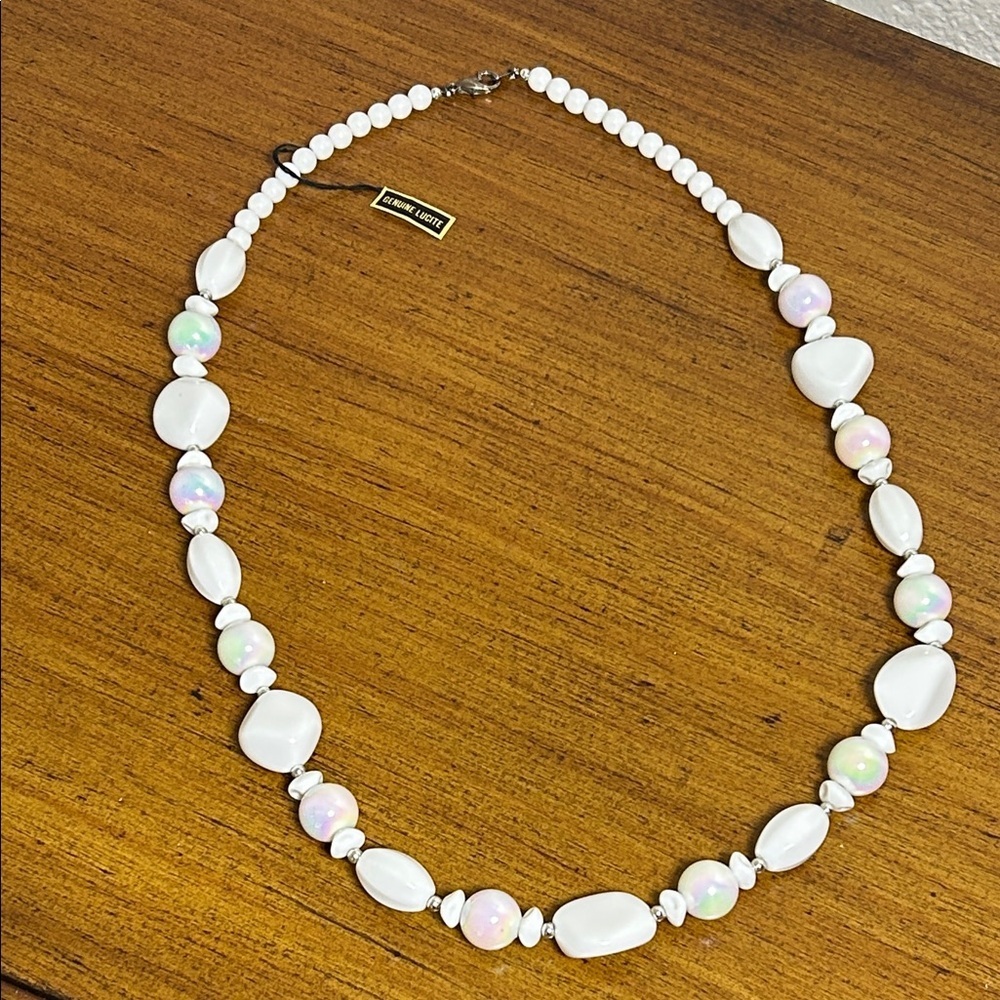 Vintage 1950-60s Genuine Lucite White Aurora Borealis Iridescent Beaded Necklace